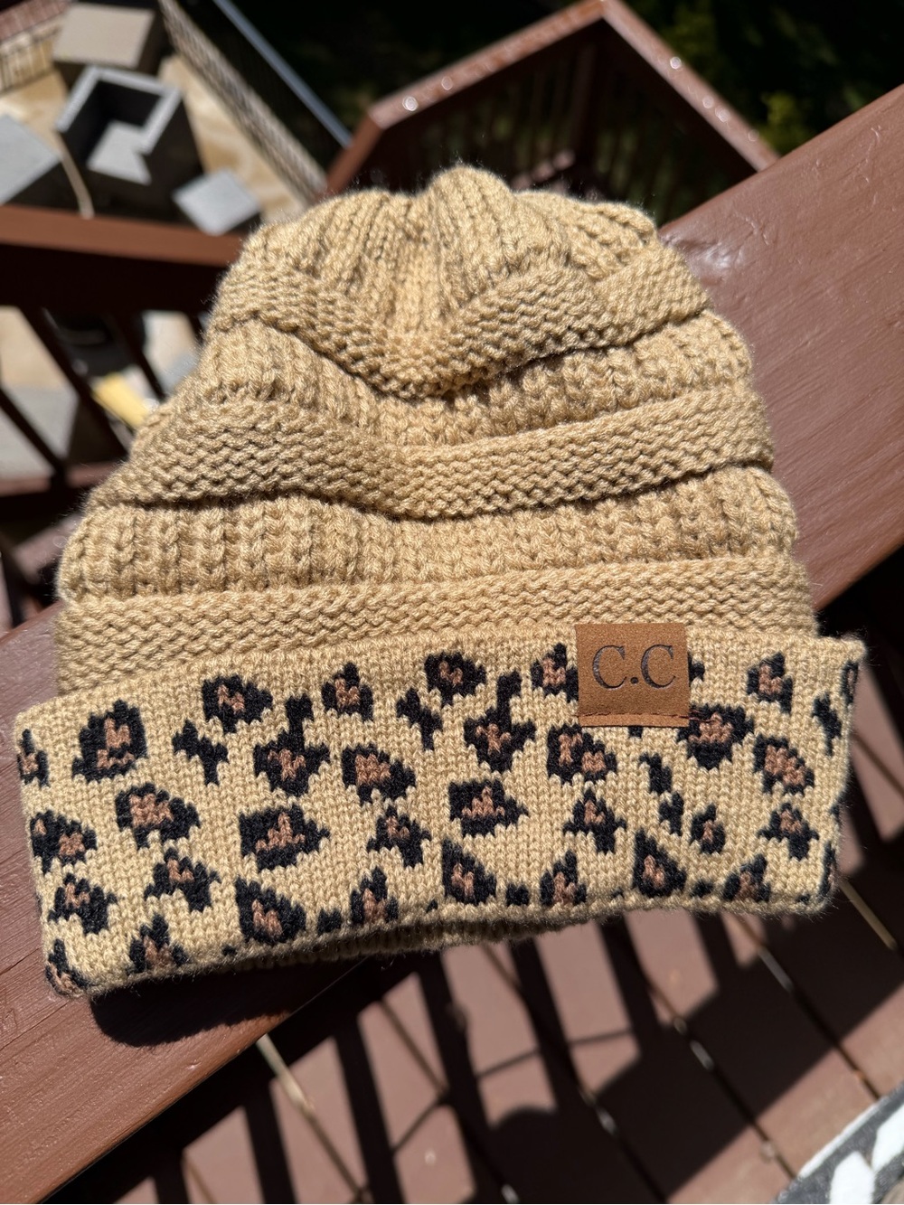 C.C Leopard Cuff Knit Beanie - Tan & Black